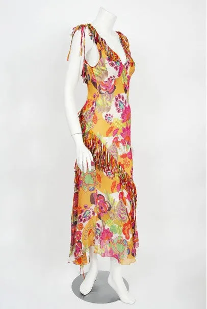2005 Christian Dior by John Galliano Colorful Floral Silk Bias-Cut Dress