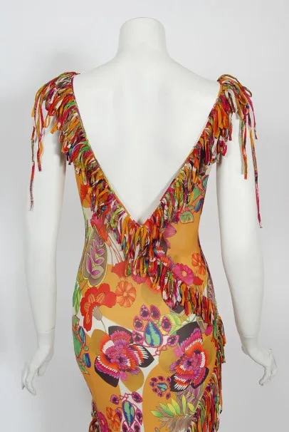 2005 Christian Dior by John Galliano Colorful Floral Silk Bias-Cut Dress