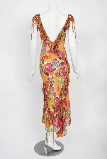 2005 Christian Dior by John Galliano Colorful Floral Silk Bias-Cut Dress