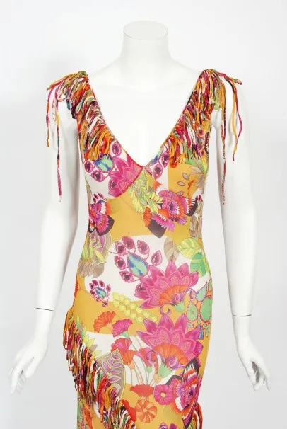 2005 Christian Dior by John Galliano Colorful Floral Silk Bias-Cut Dress