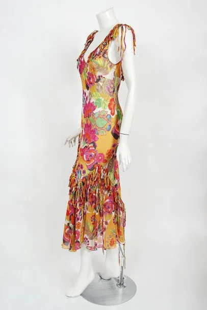 2005 Christian Dior by John Galliano Colorful Floral Silk Bias-Cut Dress