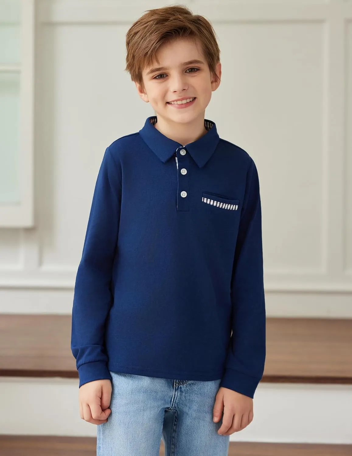 Arshiner Boy's Long Sleeve Plaid Trim Polo Shirt School Uniform Shirt with Pocket for 4-12 Years