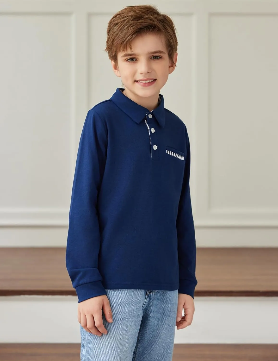 Arshiner Boy's Long Sleeve Plaid Trim Polo Shirt School Uniform Shirt with Pocket for 4-12 Years