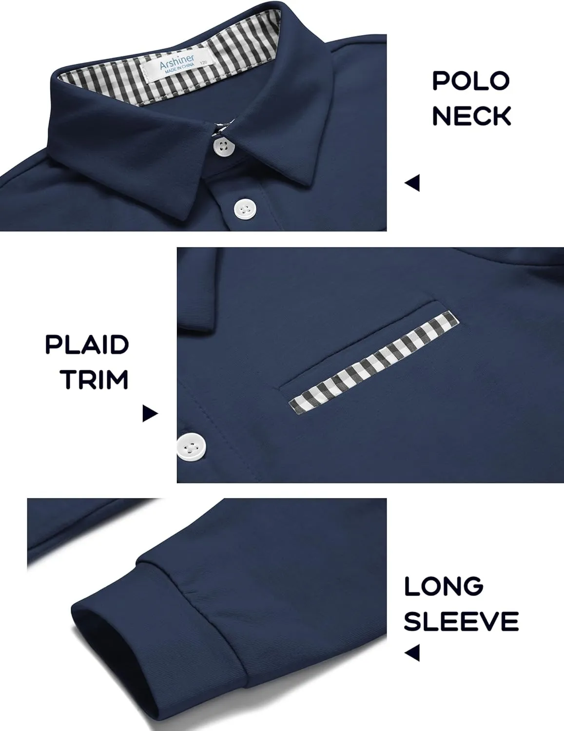 Arshiner Boy's Long Sleeve Plaid Trim Polo Shirt School Uniform Shirt with Pocket for 4-12 Years