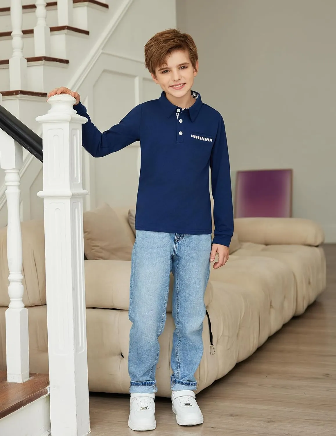 Arshiner Boy's Long Sleeve Plaid Trim Polo Shirt School Uniform Shirt with Pocket for 4-12 Years