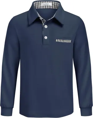 Arshiner Boy's Long Sleeve Plaid Trim Polo Shirt School Uniform Shirt with Pocket for 4-12 Years