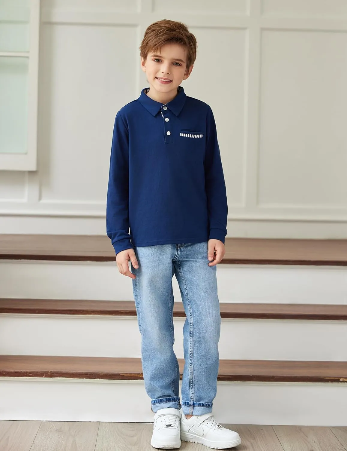 Arshiner Boy's Long Sleeve Plaid Trim Polo Shirt School Uniform Shirt with Pocket for 4-12 Years
