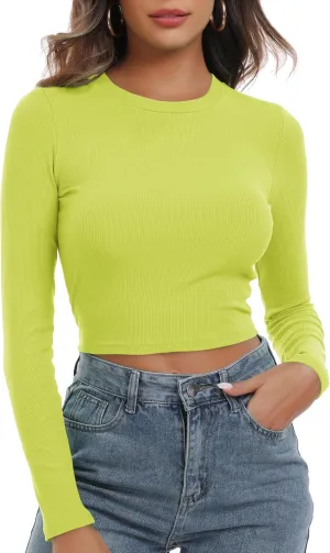 Artfish Women's Round Neck Long Sleeve Knit Ribbed Fitted Crop Top Casual Basic Shirts