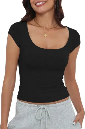 Artfish Women's Short Sleeve T-Shirts Low Scoop Neck Slim Fitted Ribbed Knit Casual Longer Crop Top
