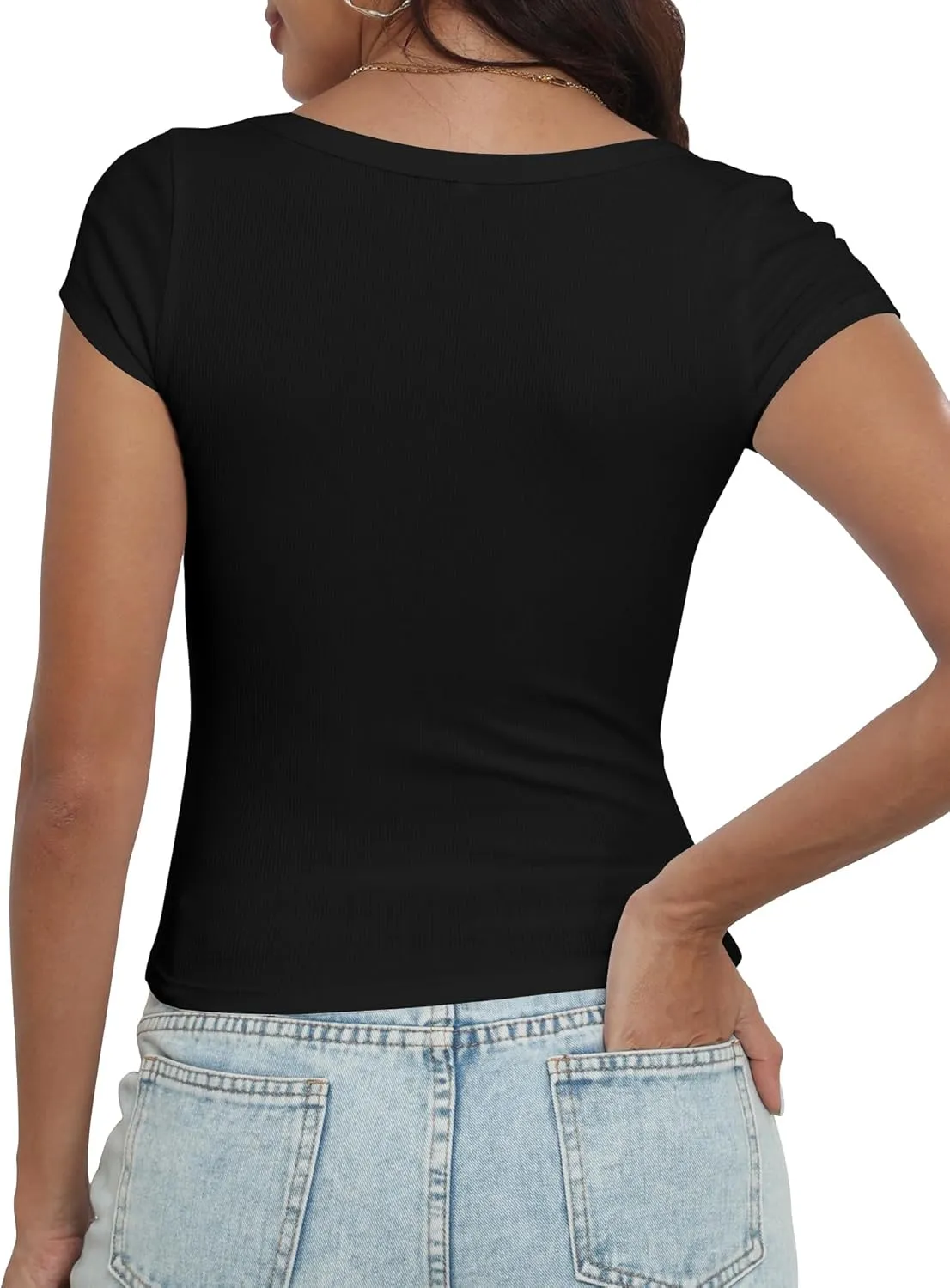Artfish Women's Short Sleeve T-Shirts Low Scoop Neck Slim Fitted Ribbed Knit Casual Longer Crop Top