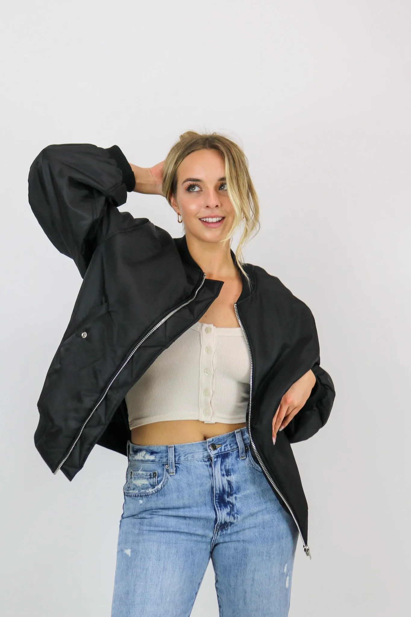 Bella Oversized Bomber Jacket | Black