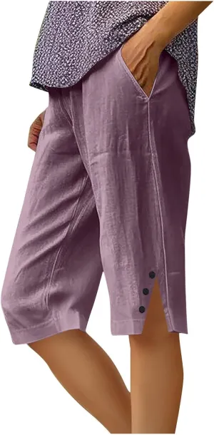 Bermuda Shorts for Women,Knee Length Linen Capri Pants High Waisted Comfy Casual Plus Size Capris 2025