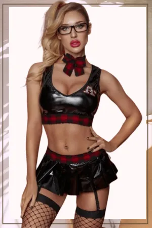 Black Latex School Girl Outfit Costume Top & Mini Skirt Two Piece Set