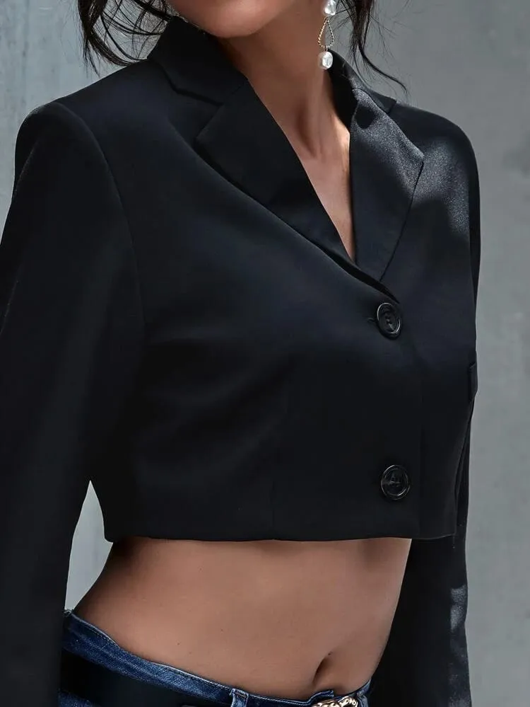 Button Front Solid Crop Blazer