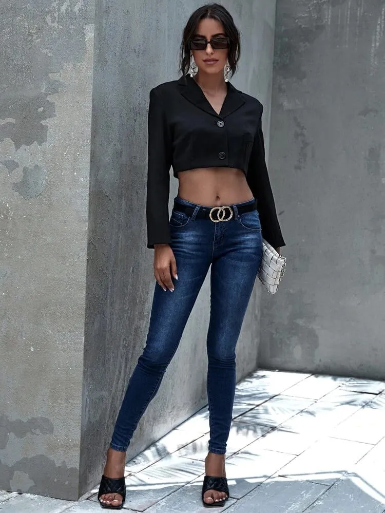 Button Front Solid Crop Blazer