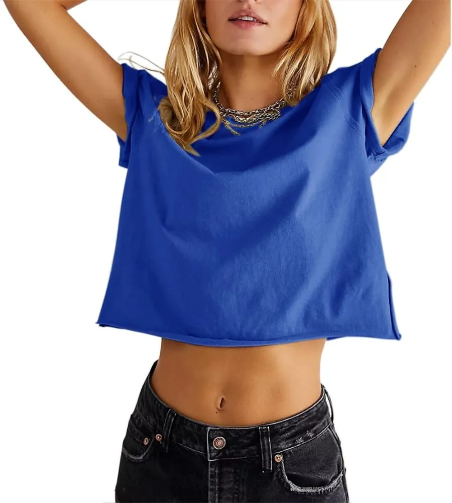 Carpetcom Women's Summer Casual Loose Fit Plain Soild Basic Short Sleeve Crop Tops T-Shirts