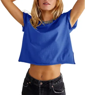 Carpetcom Women's Summer Casual Loose Fit Plain Soild Basic Short Sleeve Crop Tops T-Shirts
