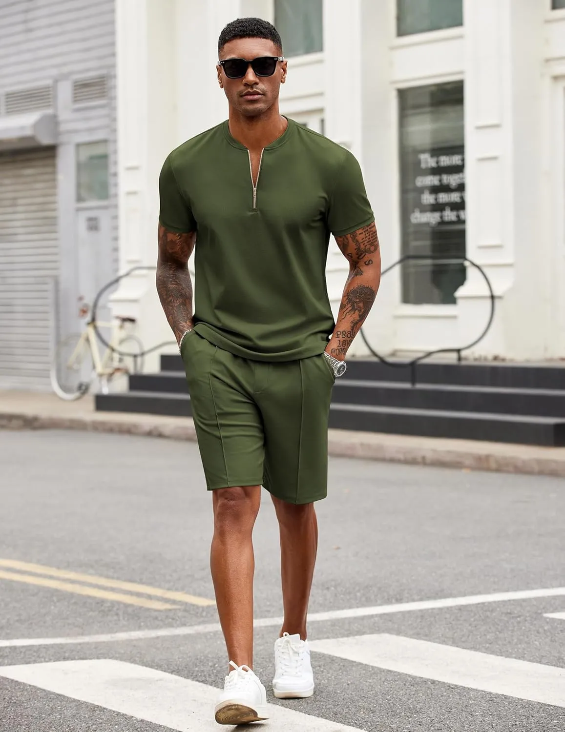 COOFANDY Men's 2 Pieces Outfits Casual Quarter Zip Polo T Shirt and Shorts Set Athletic Jogging Summer Tracksuit