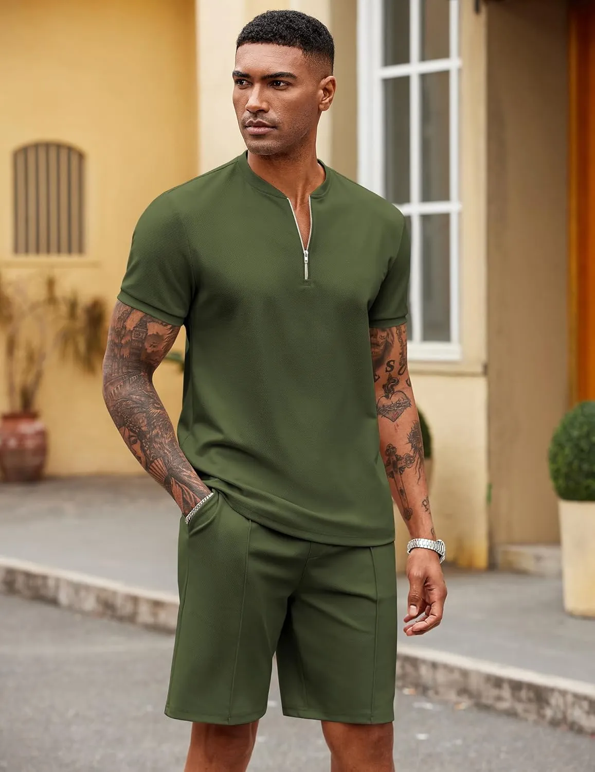 COOFANDY Men's 2 Pieces Outfits Casual Quarter Zip Polo T Shirt and Shorts Set Athletic Jogging Summer Tracksuit