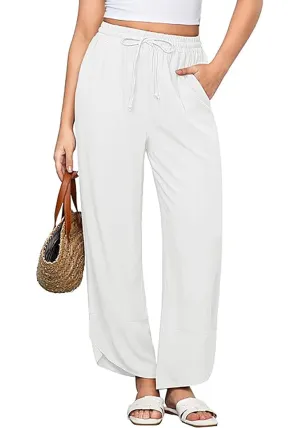 Cream White Women's Wide Leg Drawstring Harem Loose Permeable Palazzo Pant