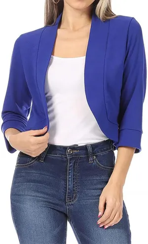 Cropped Blazer for Womens Open Front Work Office Cardigan Suit 3/4 Sleeve Solid Jacket Shrug Casual Business Blazers