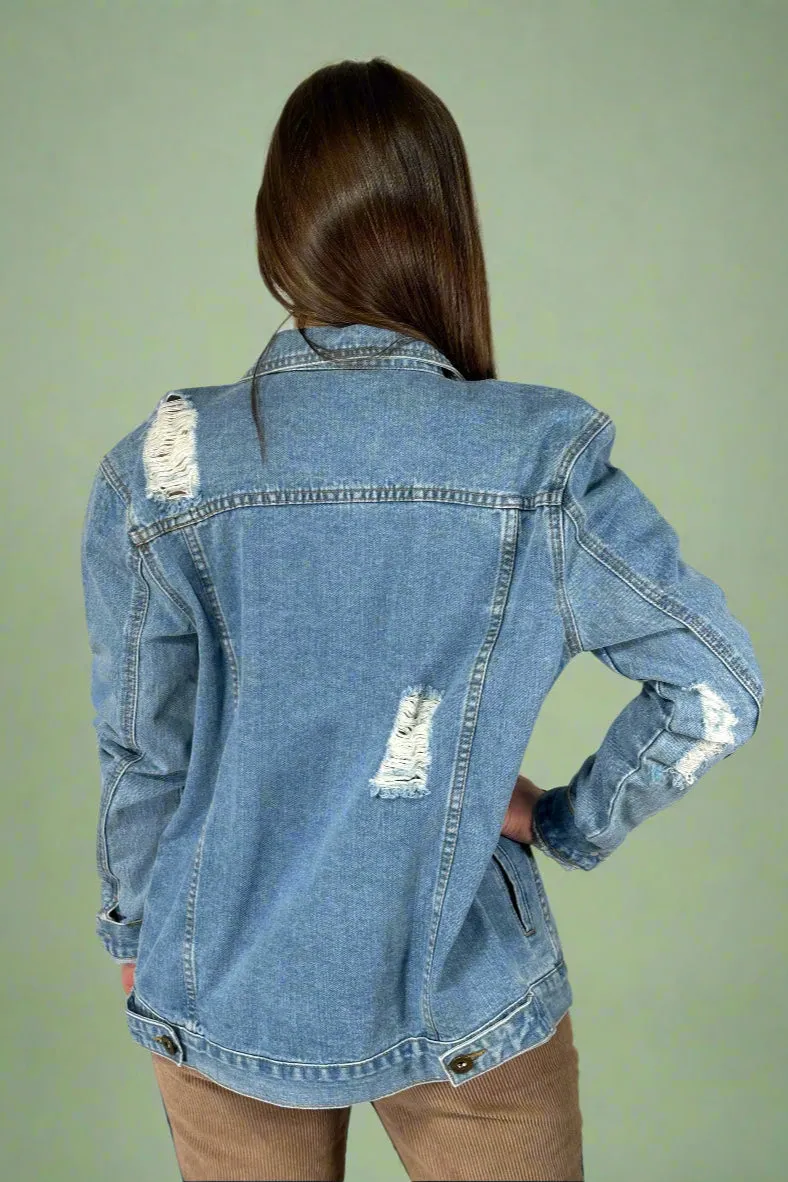 Distressed Boyfriend Jean Jacket - Light Wash