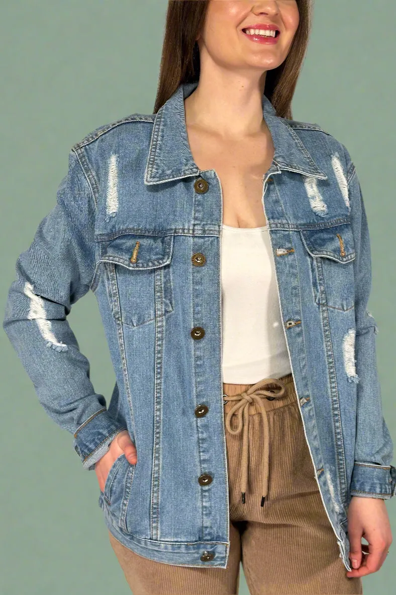 Distressed Boyfriend Jean Jacket - Light Wash