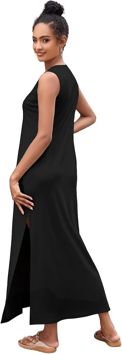 Ekaliy Women Summer Casual Sleeveless Sundress V-Neck Floral Party Maxi Long Beach Dress Vacation Outfits