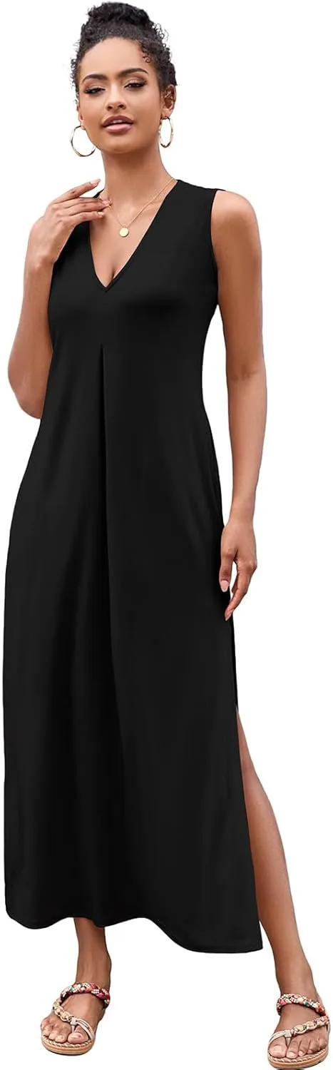 Ekaliy Women Summer Casual Sleeveless Sundress V-Neck Floral Party Maxi Long Beach Dress Vacation Outfits