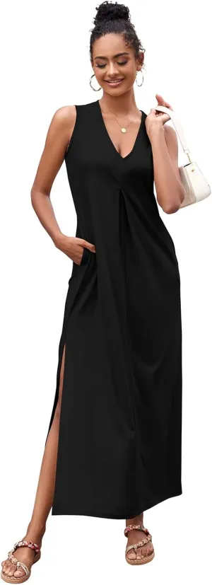 Ekaliy Women Summer Casual Sleeveless Sundress V-Neck Floral Party Maxi Long Beach Dress Vacation Outfits