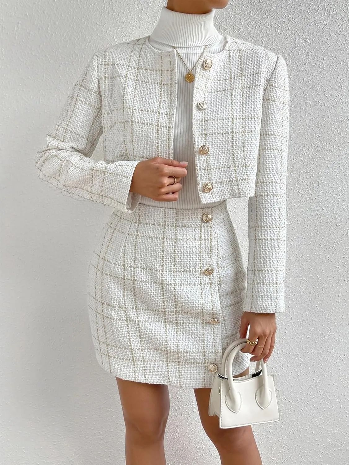 Floerns Women's 2 Piece Outfits Plaid Tweed Blazer Long Sleeve Jacket and Skirt Set