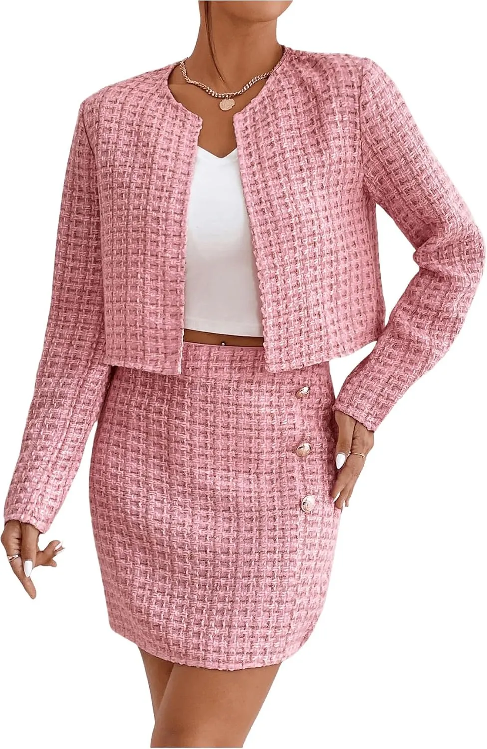 Floerns Women's 2 Piece Outfits Plaid Tweed Blazer Long Sleeve Jacket and Skirt Set