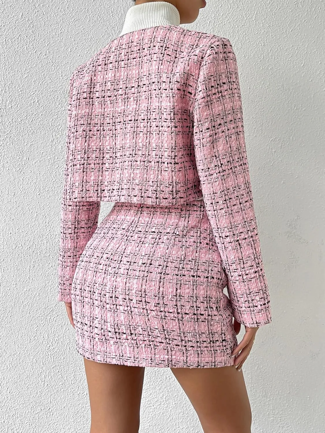 Floerns Women's 2 Piece Outfits Plaid Tweed Blazer Long Sleeve Jacket and Skirt Set
