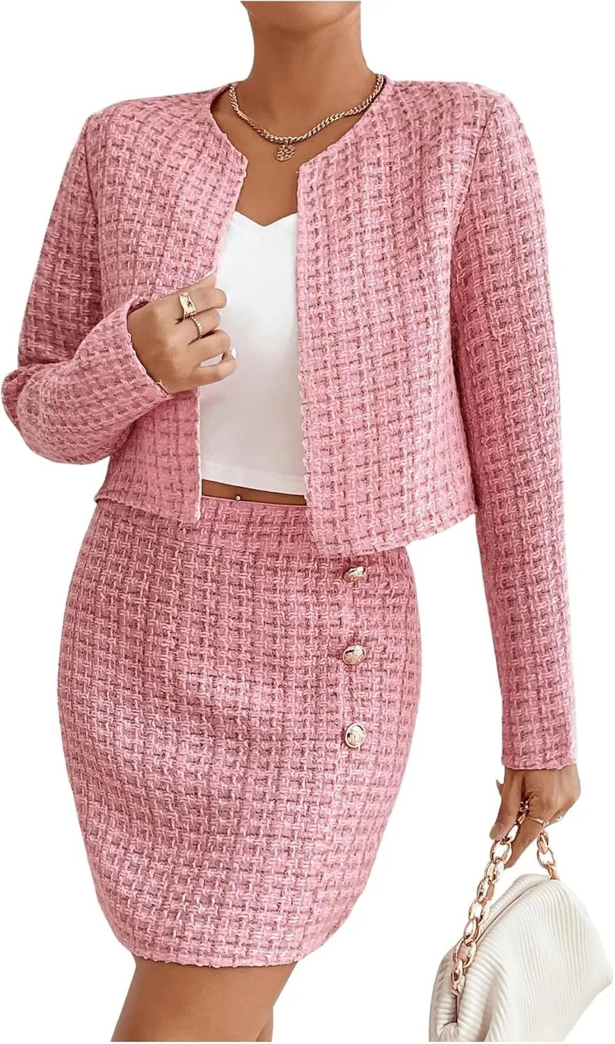 Floerns Women's 2 Piece Outfits Plaid Tweed Blazer Long Sleeve Jacket and Skirt Set