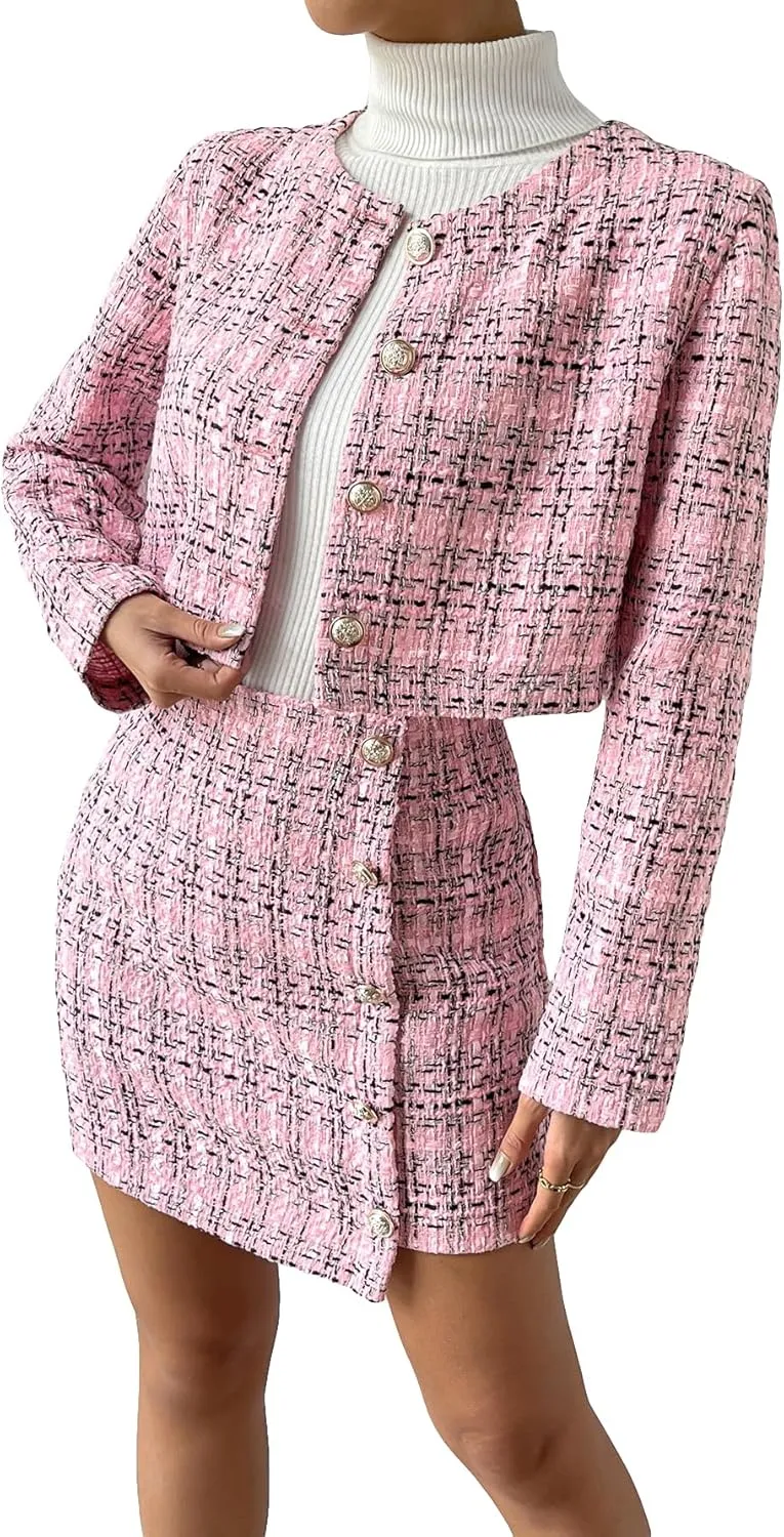 Floerns Women's 2 Piece Outfits Plaid Tweed Blazer Long Sleeve Jacket and Skirt Set