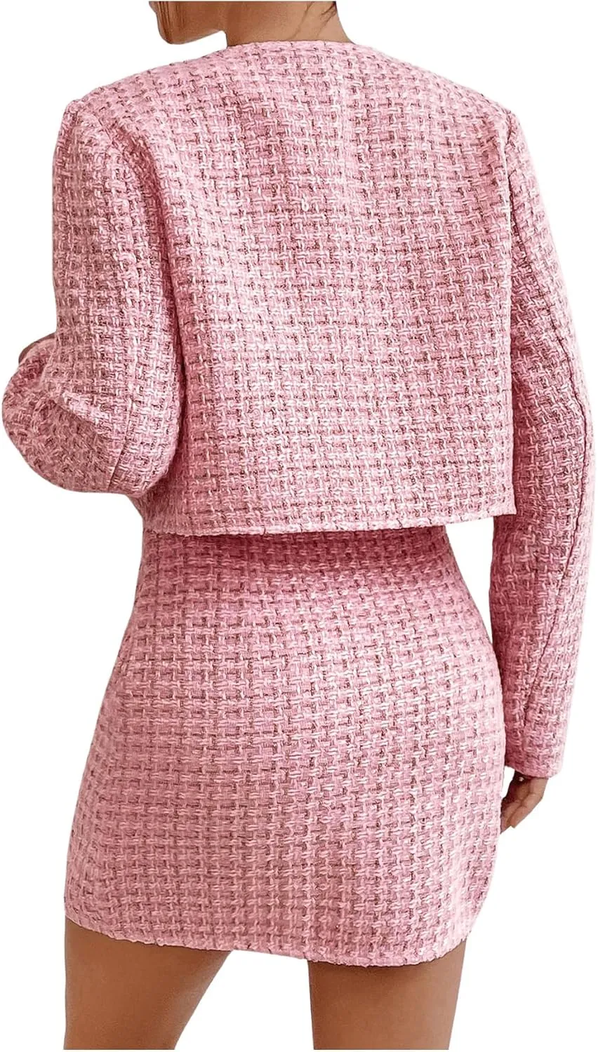 Floerns Women's 2 Piece Outfits Plaid Tweed Blazer Long Sleeve Jacket and Skirt Set
