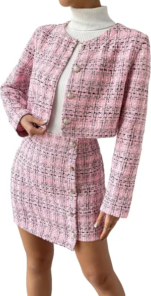 Floerns Women's 2 Piece Outfits Plaid Tweed Blazer Long Sleeve Jacket and Skirt Set