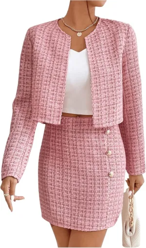 Floerns Women's 2 Piece Outfits Plaid Tweed Blazer Long Sleeve Jacket and Skirt Set