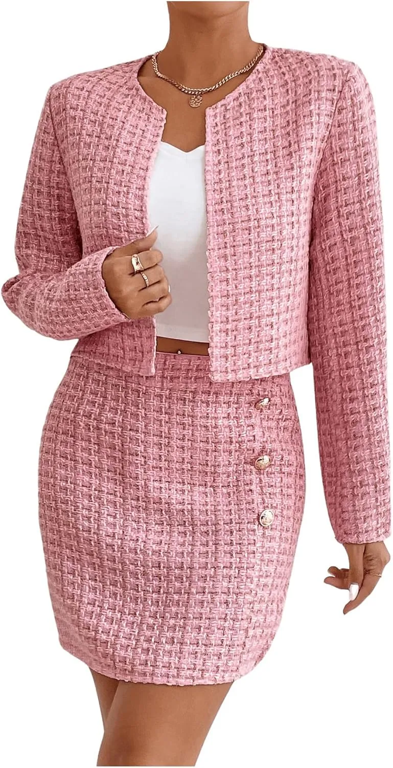 Floerns Women's 2 Piece Outfits Plaid Tweed Blazer Long Sleeve Jacket and Skirt Set