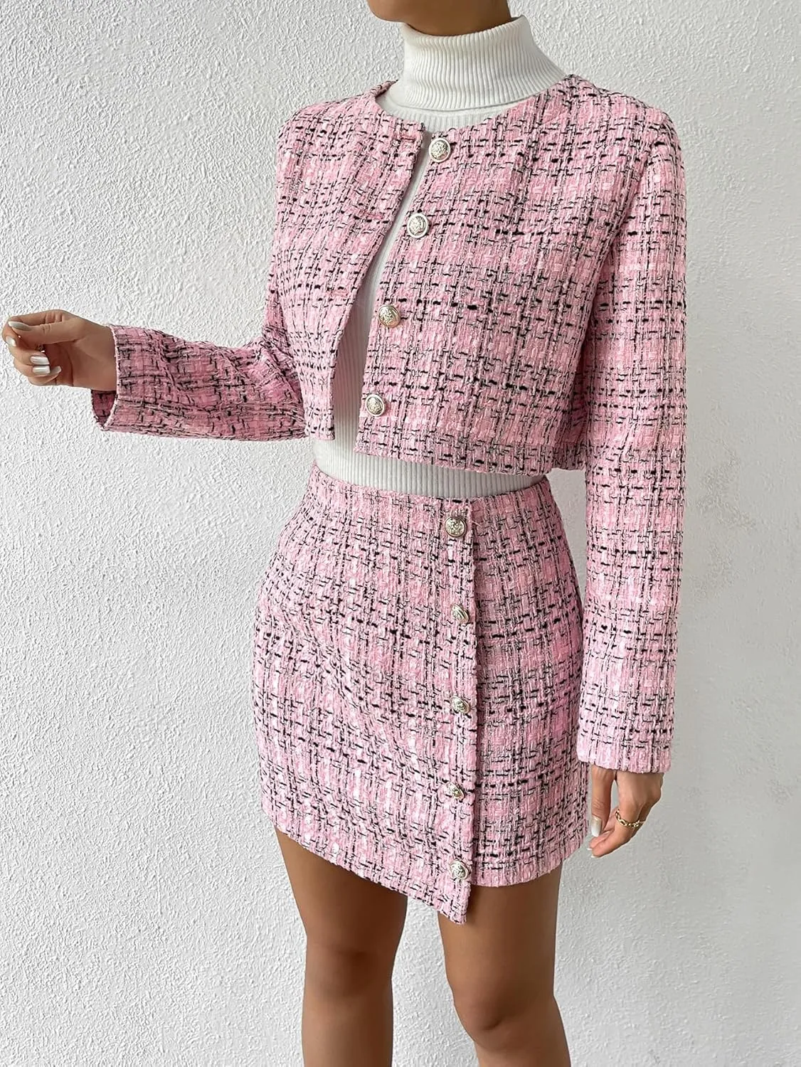 Floerns Women's 2 Piece Outfits Plaid Tweed Blazer Long Sleeve Jacket and Skirt Set