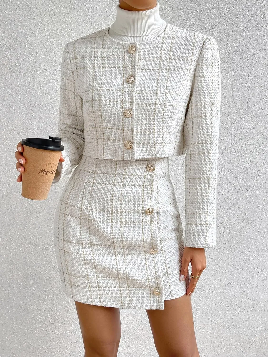 Floerns Women's 2 Piece Outfits Plaid Tweed Blazer Long Sleeve Jacket and Skirt Set