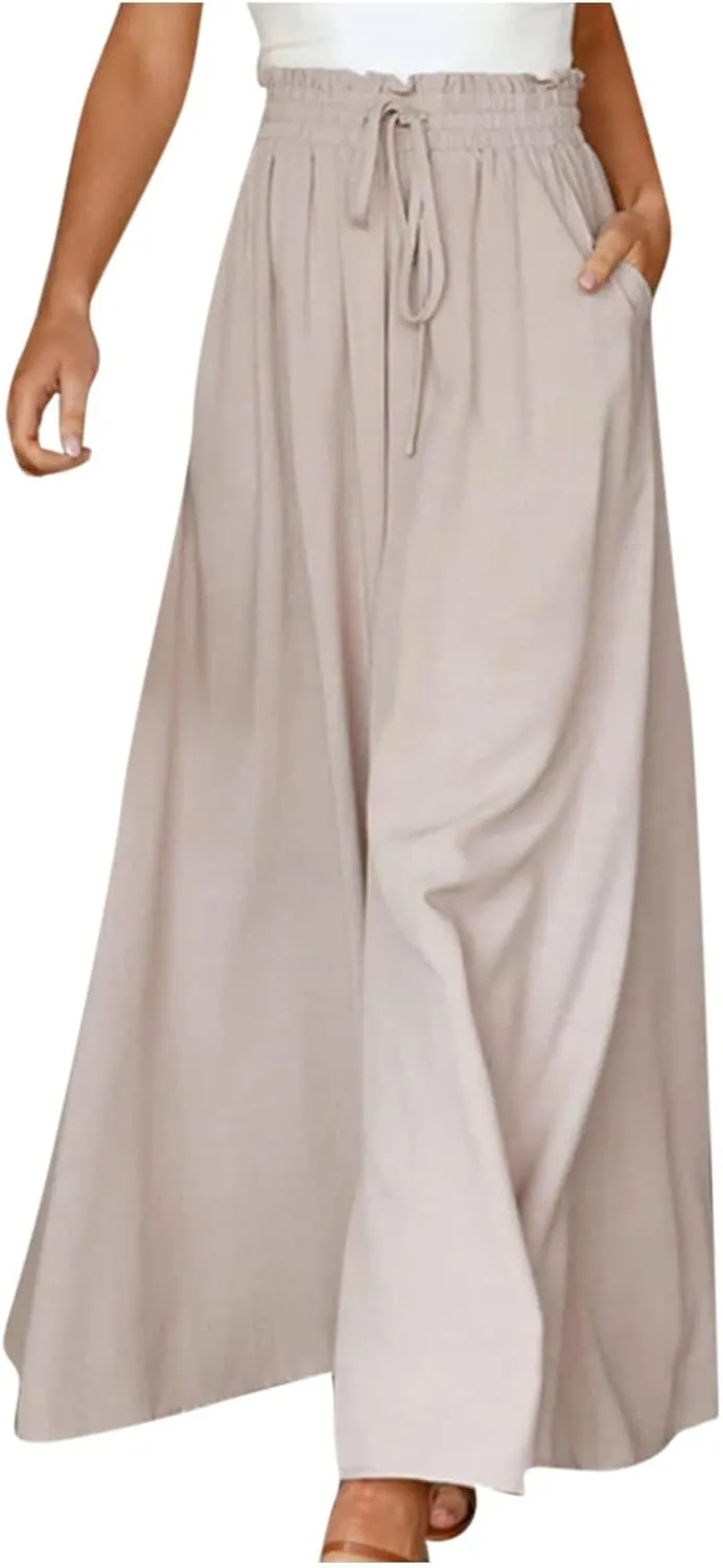 Flowy Wide Leg Pants for Women Ladies Chiffon High Waisted Palazzo Pants Comfy Paperbag Beach Pants with Pockets