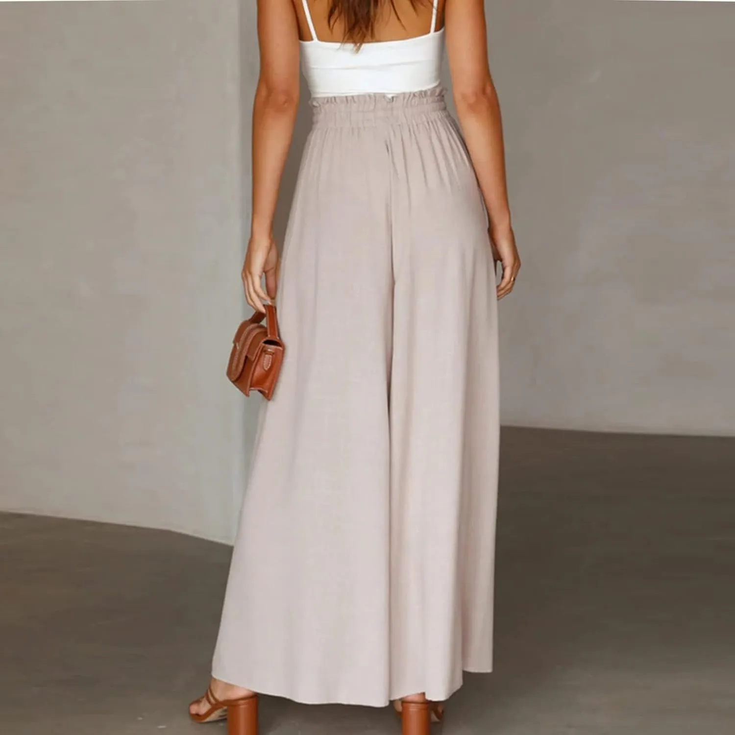 Flowy Wide Leg Pants for Women Ladies Chiffon High Waisted Palazzo Pants Comfy Paperbag Beach Pants with Pockets