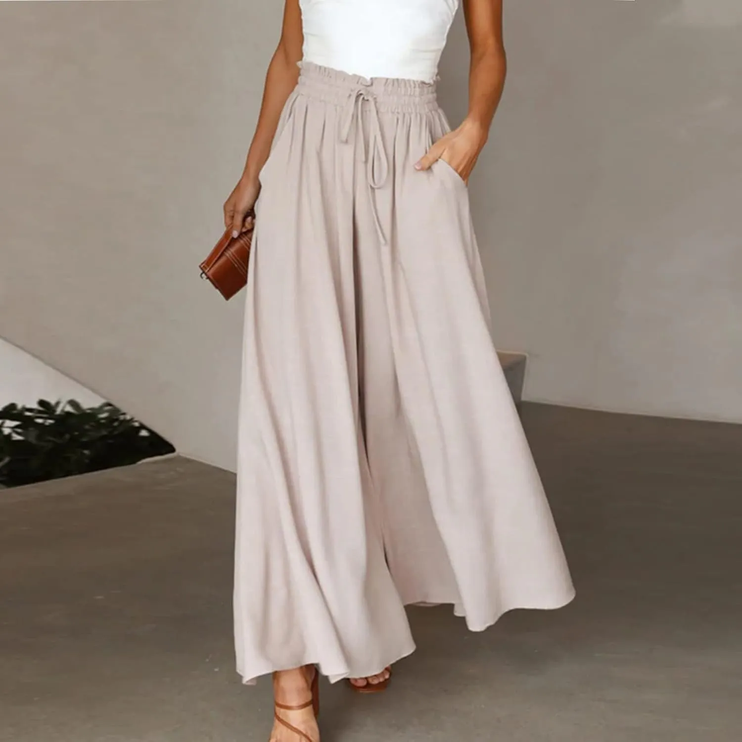 Flowy Wide Leg Pants for Women Ladies Chiffon High Waisted Palazzo Pants Comfy Paperbag Beach Pants with Pockets