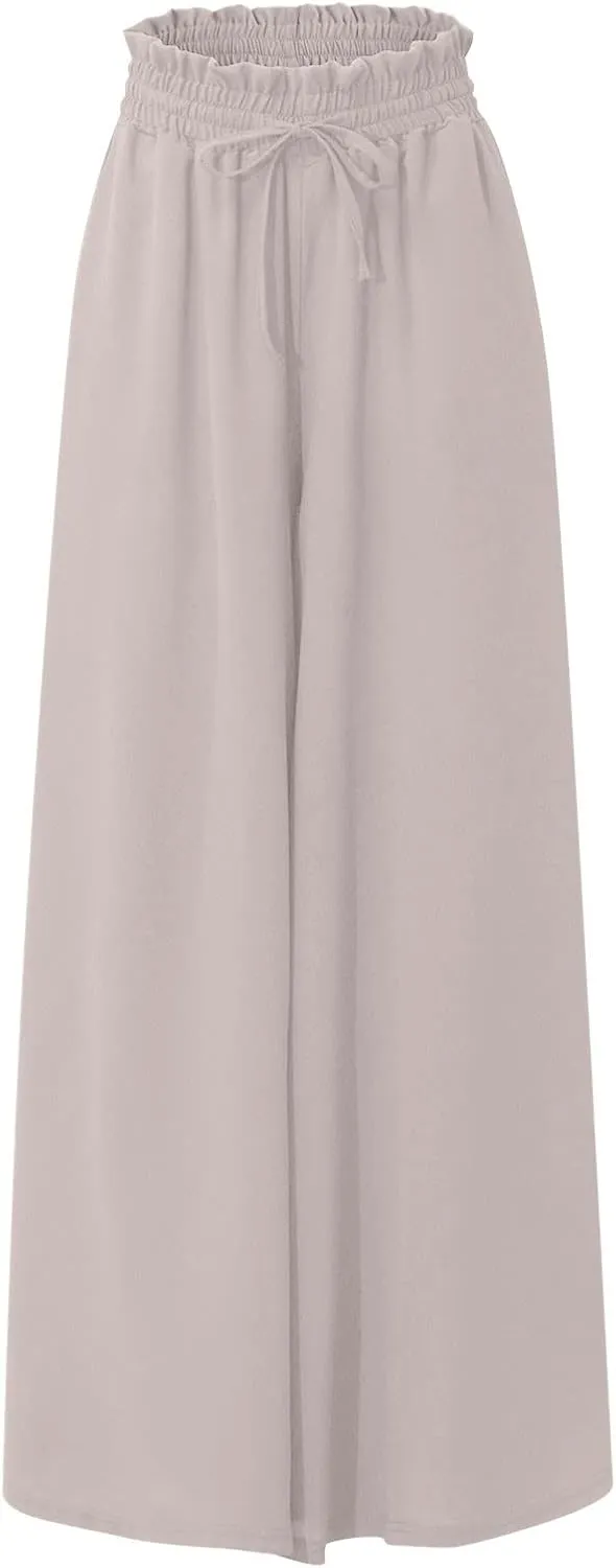 Flowy Wide Leg Pants for Women Ladies Chiffon High Waisted Palazzo Pants Comfy Paperbag Beach Pants with Pockets
