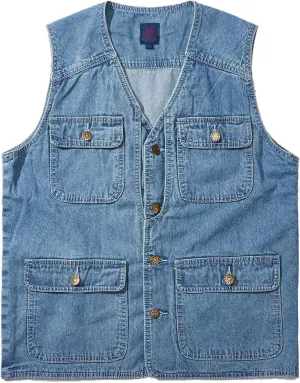 Flygo Men's Retro Washed Outdoor Collarless Work Safari Travel Denim Vest Sleeveless Jacket