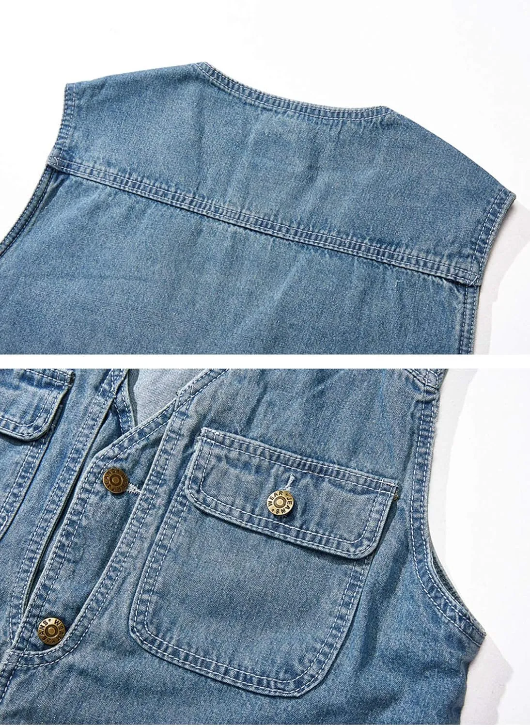 Flygo Men's Retro Washed Outdoor Collarless Work Safari Travel Denim Vest Sleeveless Jacket