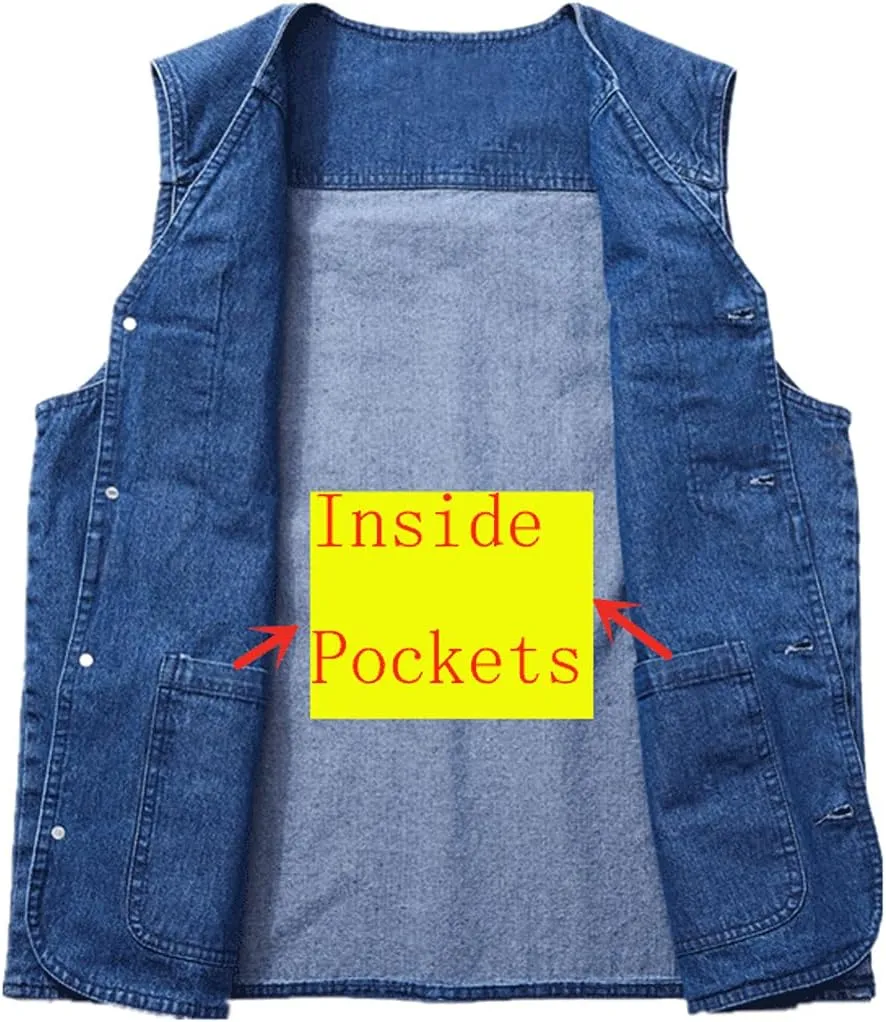Flygo Men's Retro Washed Outdoor Collarless Work Safari Travel Denim Vest Sleeveless Jacket