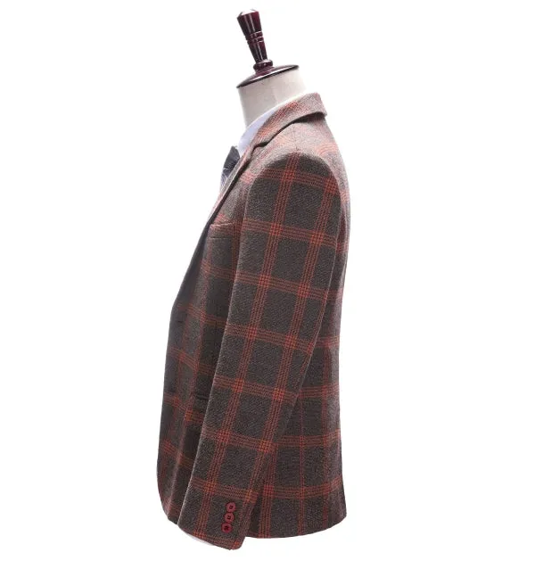 Formal Men's Burgundy Plaid Notch Lapel Blazer