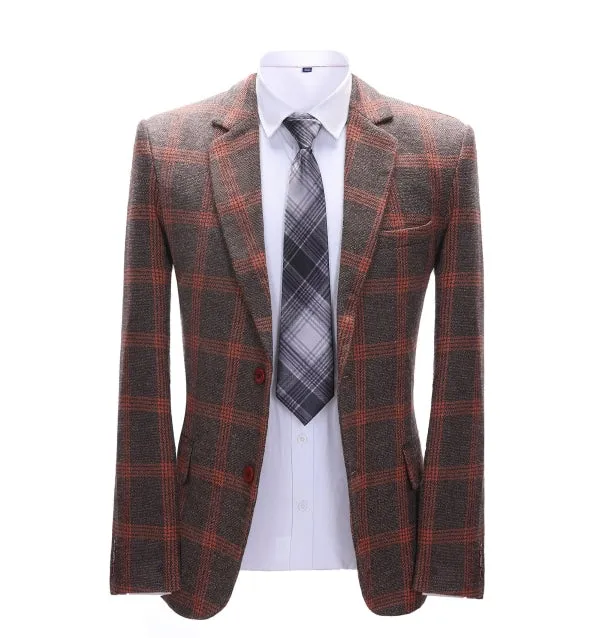 Formal Men's Burgundy Plaid Notch Lapel Blazer